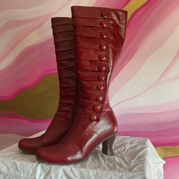 Miz Mooz Deep Red Button Detail Heeled Boots - Picture 2 of 16
